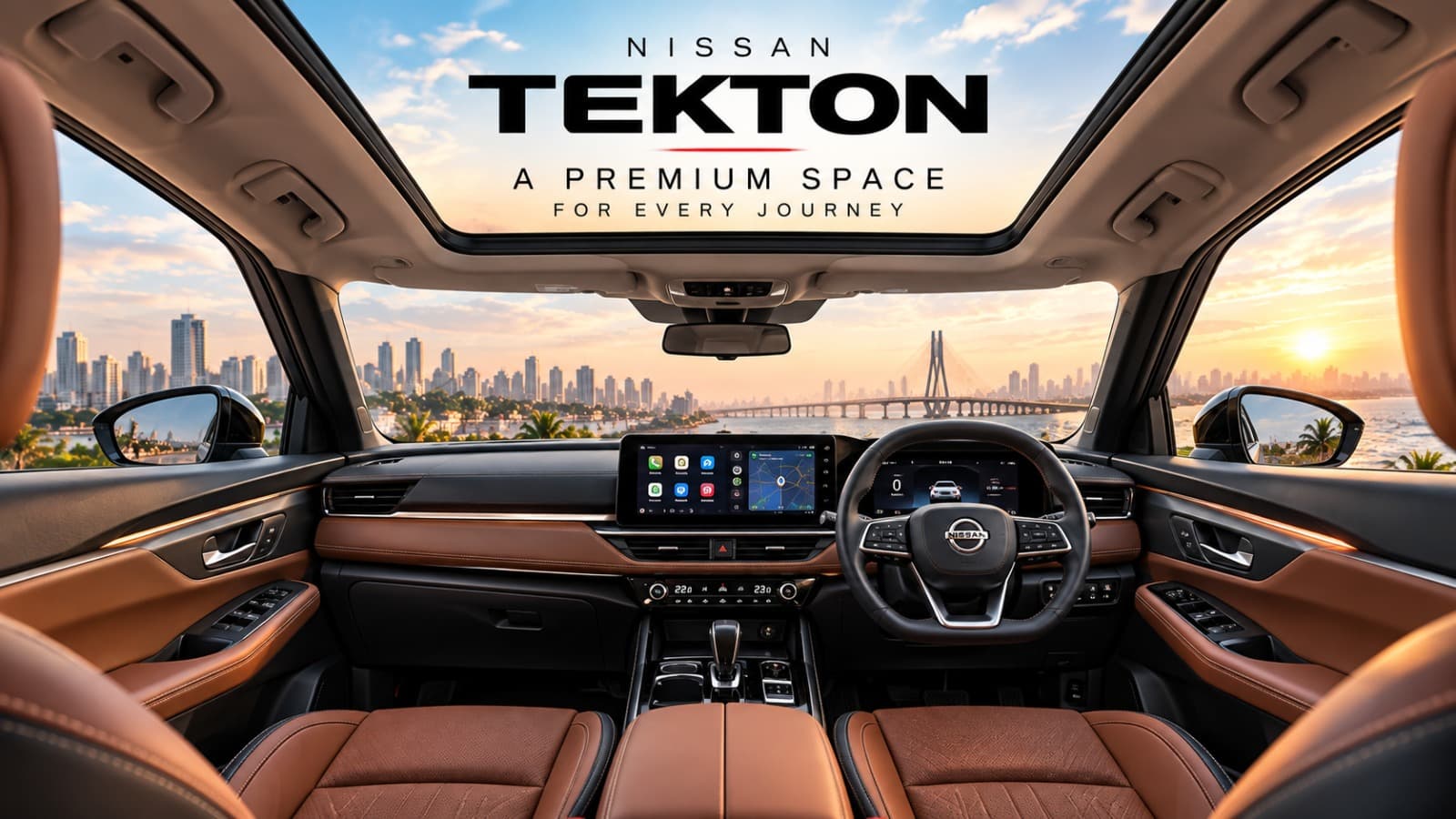 All-new Nissan TEKTON exterior parked with the Mumbai skyline in the background